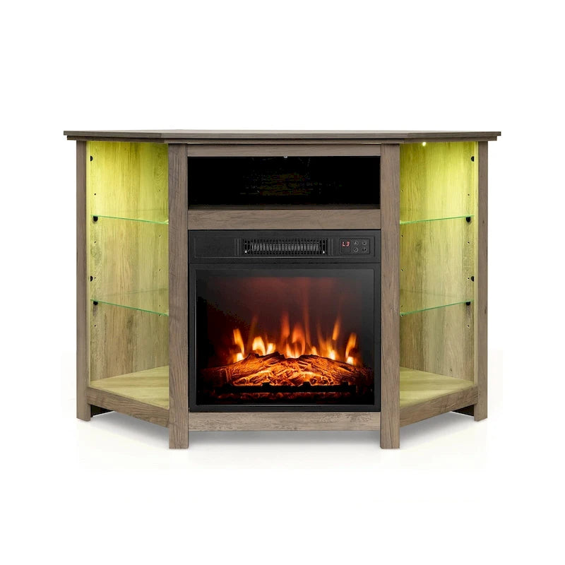 Meuble TV d'angle avec cheminée électrique, lumières LED et étagères en verre réglables - 45 x 22 x 30