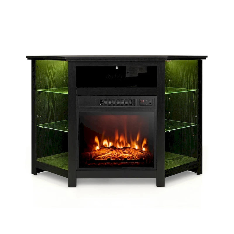 Meuble TV d'angle avec cheminée électrique, lumières LED et étagères en verre réglables - 45 x 22 x 30