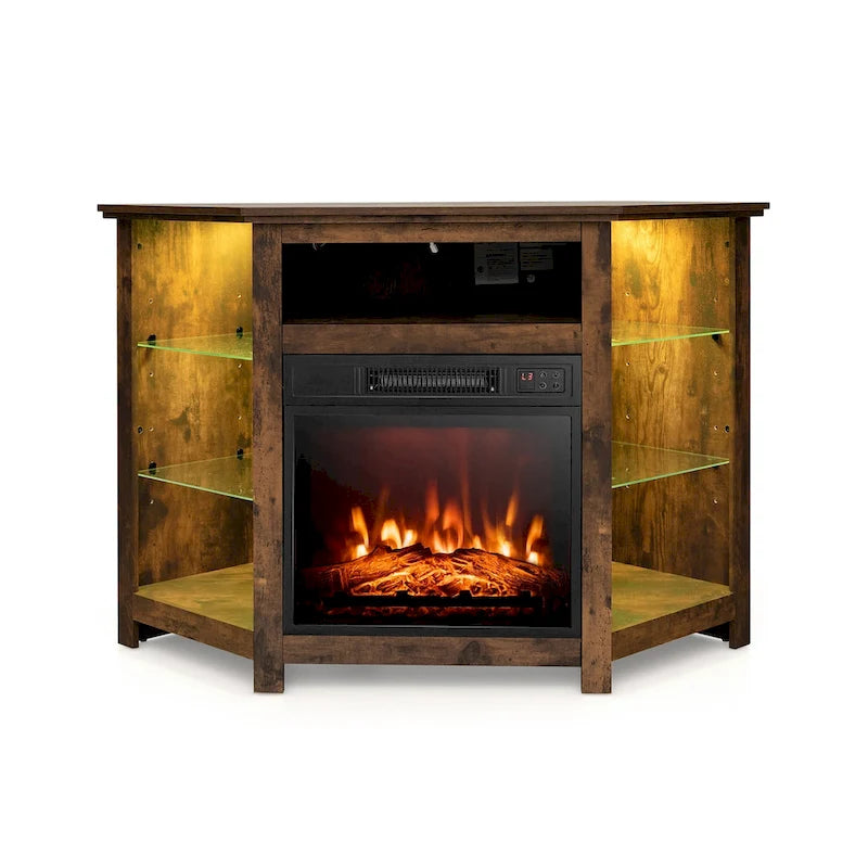 Meuble TV d'angle avec cheminée électrique, lumières LED et étagères en verre réglables - 45 x 22 x 30