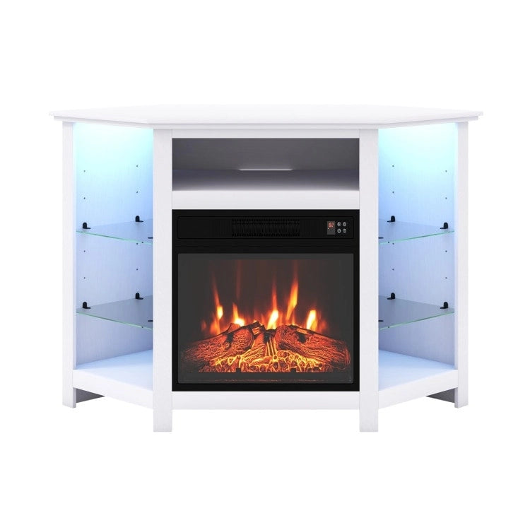 Meuble TV d'angle avec cheminée électrique, lumières LED et étagères en verre réglables - 45 x 22 x 30
