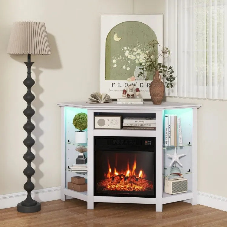 Meuble TV d'angle avec cheminée électrique, lumières LED et étagères en verre réglables - 45 x 22 x 30