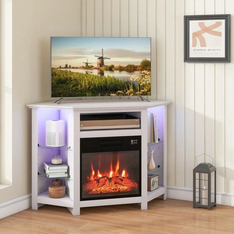 Meuble TV d'angle avec cheminée électrique, lumières LED et étagères en verre réglables - 45 x 22 x 30