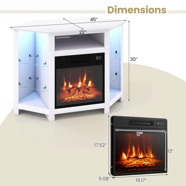 Meuble TV d'angle avec cheminée électrique, lumières LED et étagères en verre réglables - 45 x 22 x 30