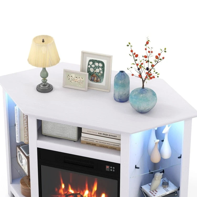 Meuble TV d'angle avec cheminée électrique, lumières LED et étagères en verre réglables - 45 x 22 x 30