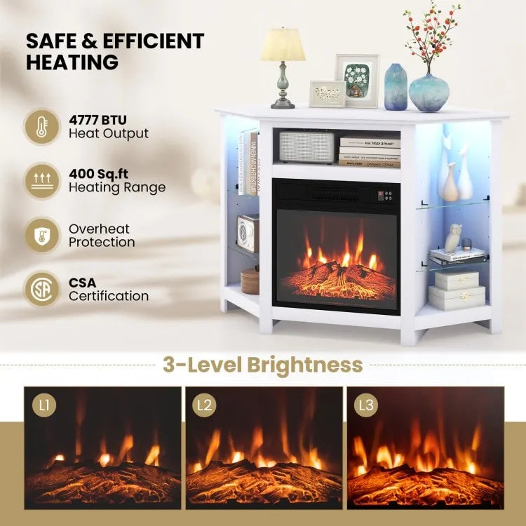 Meuble TV d'angle avec cheminée électrique, lumières LED et étagères en verre réglables - 45 x 22 x 30