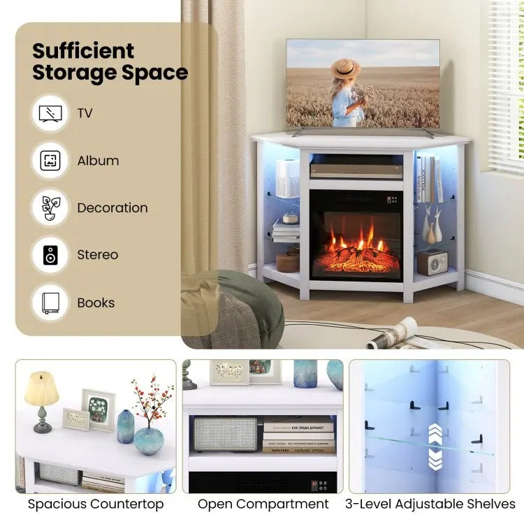 Meuble TV d'angle avec cheminée électrique, lumières LED et étagères en verre réglables - 45 x 22 x 30