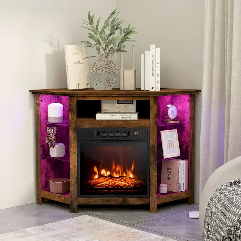 Meuble TV d'angle avec cheminée électrique, lumières LED et étagères en verre réglables - 45 x 22 x 30
