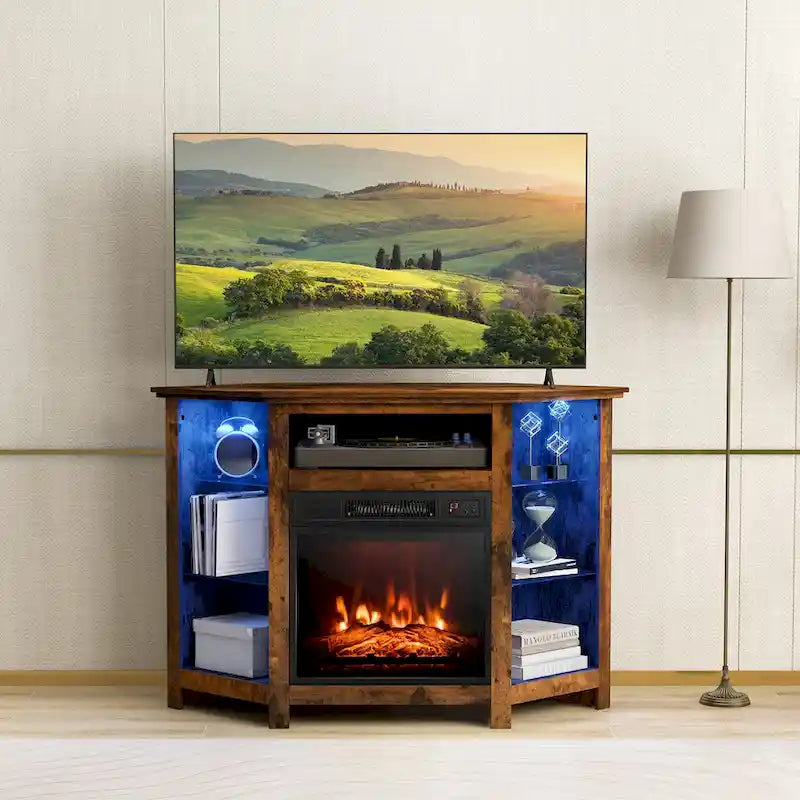 Meuble TV d'angle avec cheminée électrique, lumières LED et étagères en verre réglables - 45 x 22 x 30