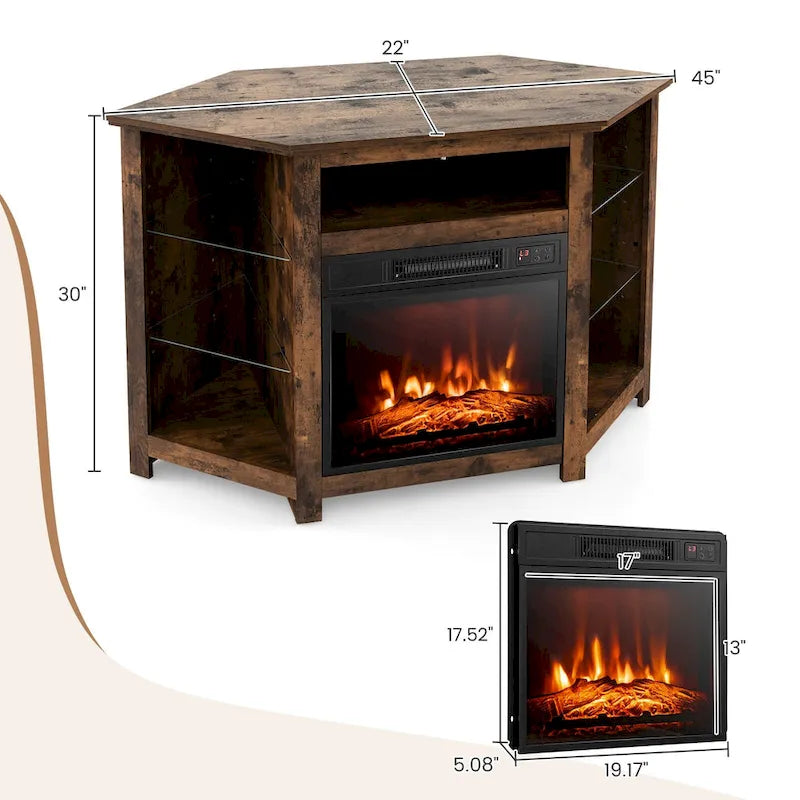 Meuble TV d'angle avec cheminée électrique, lumières LED et étagères en verre réglables - 45 x 22 x 30