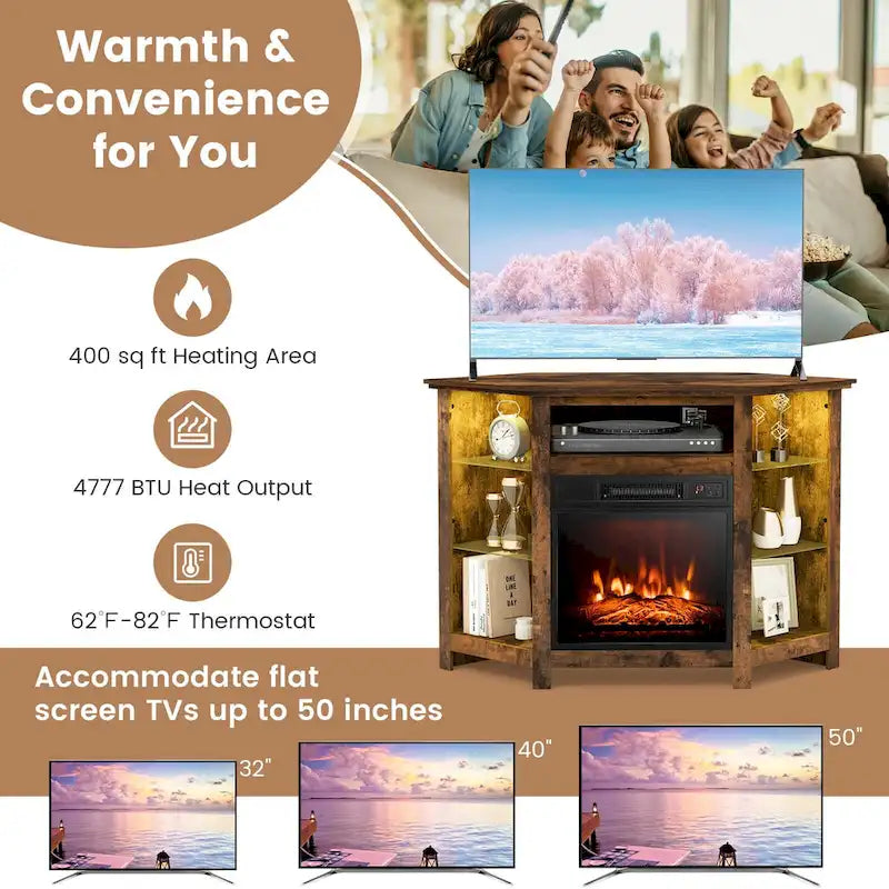 Meuble TV d'angle avec cheminée électrique, lumières LED et étagères en verre réglables - 45 x 22 x 30
