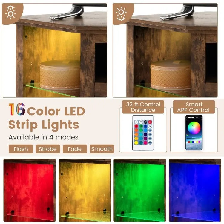 Meuble TV d'angle avec cheminée électrique, lumières LED et étagères en verre réglables - 45 x 22 x 30