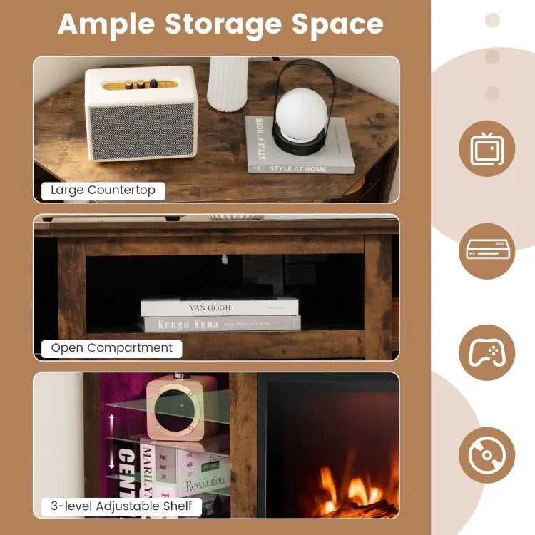Meuble TV d'angle avec cheminée électrique, lumières LED et étagères en verre réglables - 45 x 22 x 30