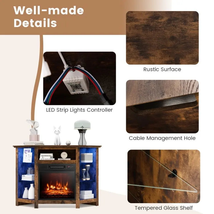 Meuble TV d'angle avec cheminée électrique, lumières LED et étagères en verre réglables - 45 x 22 x 30