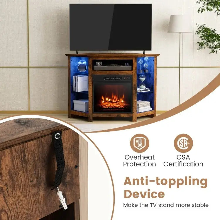 Meuble TV d'angle avec cheminée électrique, lumières LED et étagères en verre réglables - 45 x 22 x 30