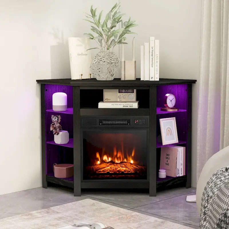 Meuble TV d'angle avec cheminée électrique, lumières LED et étagères en verre réglables - 45 x 22 x 30