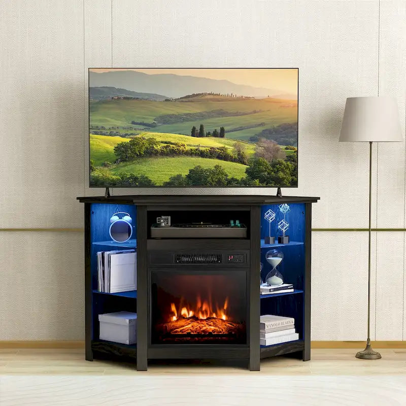 Meuble TV d'angle avec cheminée électrique, lumières LED et étagères en verre réglables - 45 x 22 x 30