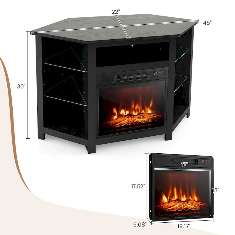 Meuble TV d'angle avec cheminée électrique, lumières LED et étagères en verre réglables - 45 x 22 x 30