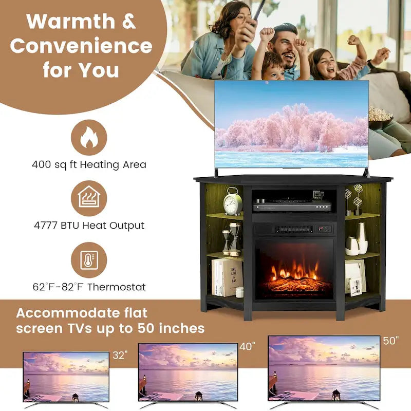 Meuble TV d'angle avec cheminée électrique, lumières LED et étagères en verre réglables - 45 x 22 x 30