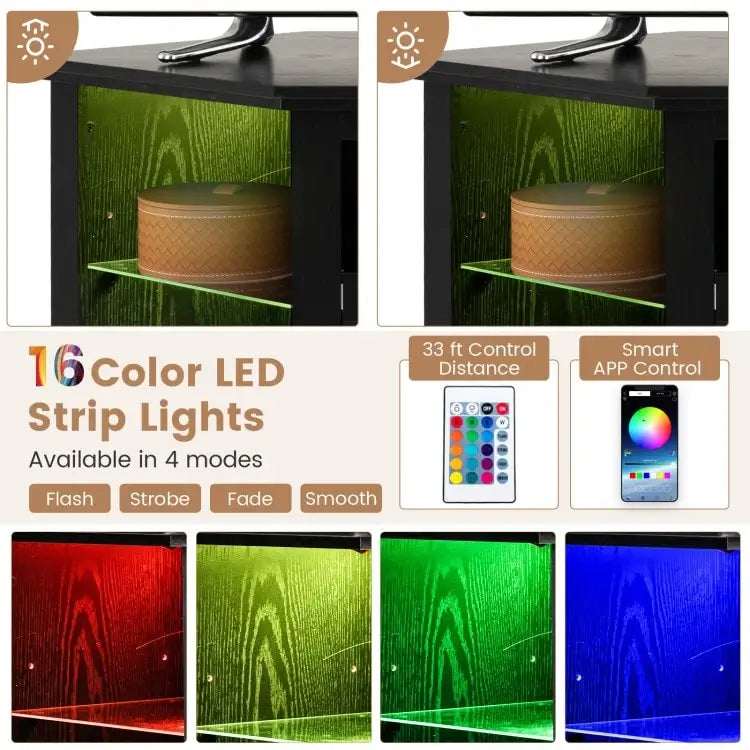Meuble TV d'angle avec cheminée électrique, lumières LED et étagères en verre réglables - 45 x 22 x 30