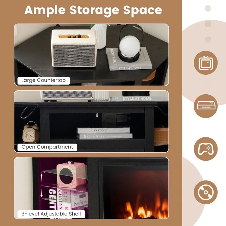 Meuble TV d'angle avec cheminée électrique, lumières LED et étagères en verre réglables - 45 x 22 x 30