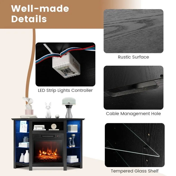 Meuble TV d'angle avec cheminée électrique, lumières LED et étagères en verre réglables - 45 x 22 x 30