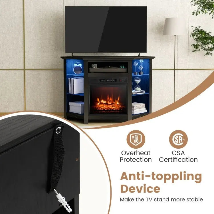 Meuble TV d'angle avec cheminée électrique, lumières LED et étagères en verre réglables - 45 x 22 x 30