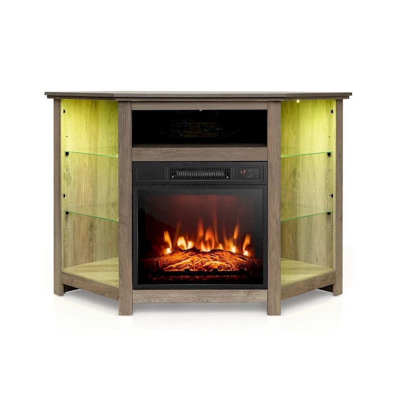 Meuble TV d'angle avec cheminée électrique, lumières LED et étagères en verre réglables - 45 x 22 x 30