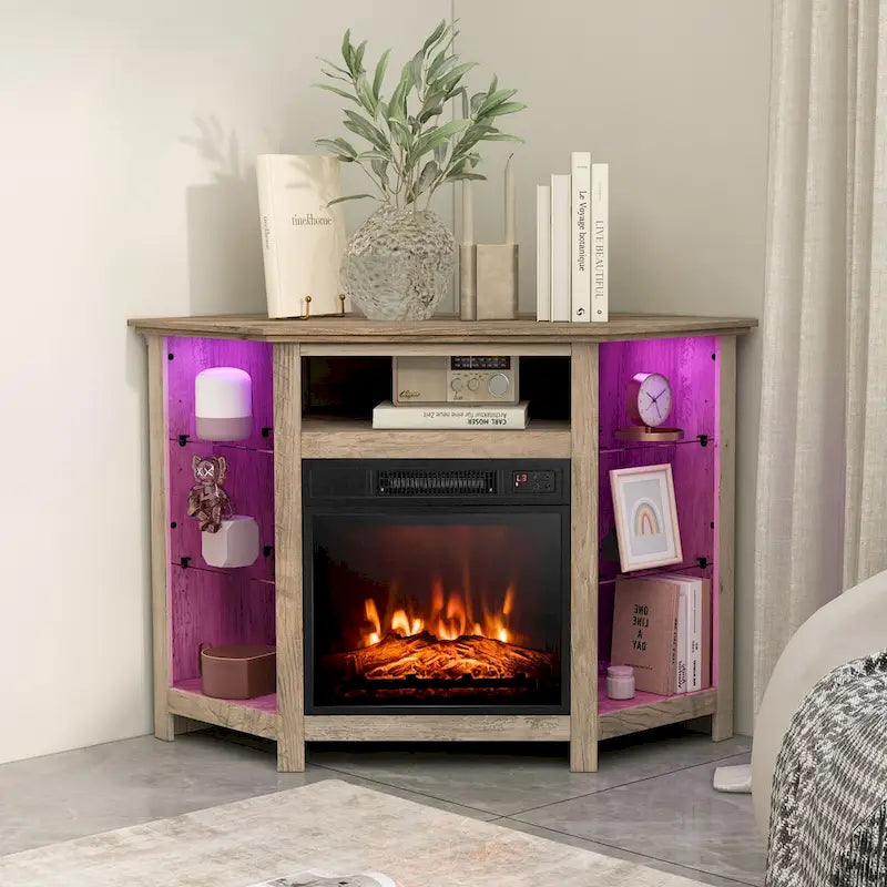 Meuble TV d'angle avec cheminée électrique, lumières LED et étagères en verre réglables - 45 x 22 x 30