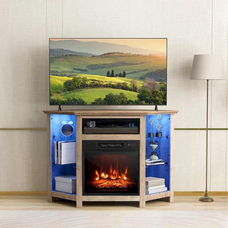 Meuble TV d'angle avec cheminée électrique, lumières LED et étagères en verre réglables - 45 x 22 x 30