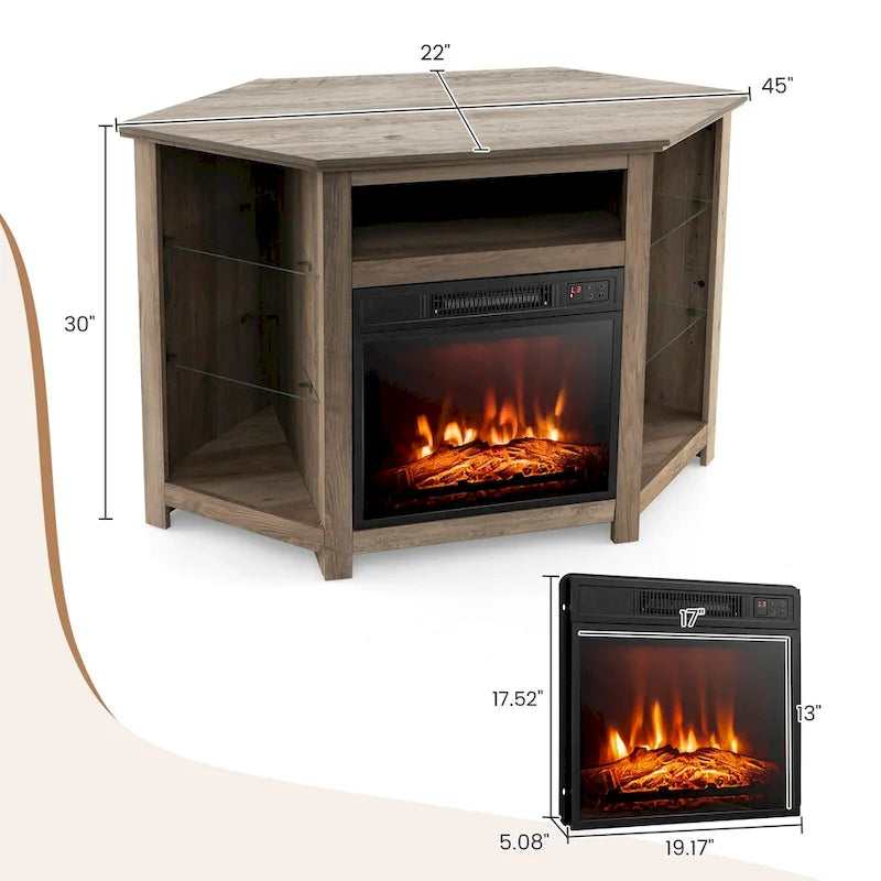 Meuble TV d'angle avec cheminée électrique, lumières LED et étagères en verre réglables - 45 x 22 x 30