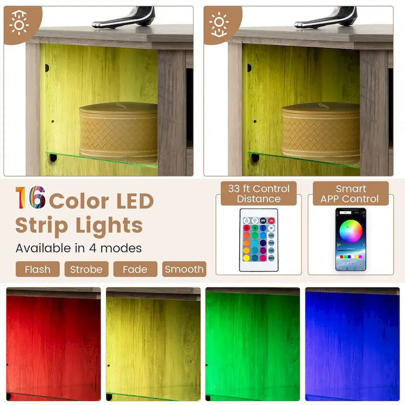 Meuble TV d'angle avec cheminée électrique, lumières LED et étagères en verre réglables - 45 x 22 x 30