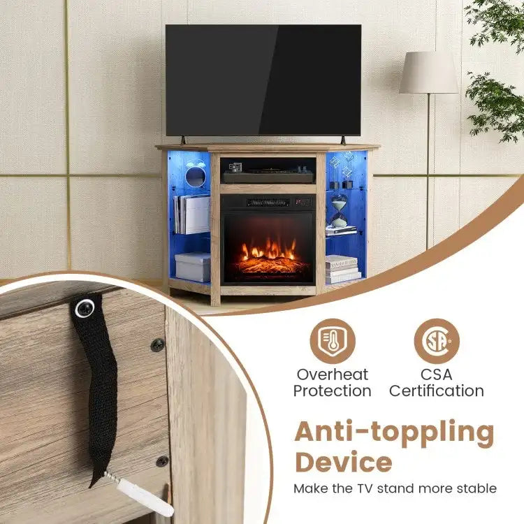 Meuble TV d'angle avec cheminée électrique, lumières LED et étagères en verre réglables - 45 x 22 x 30
