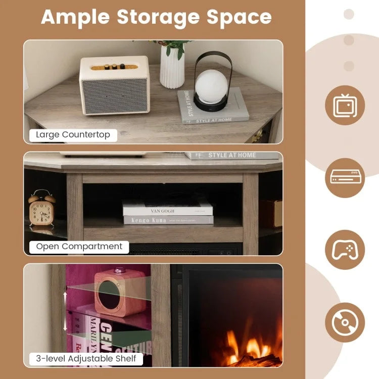 Meuble TV d'angle avec cheminée électrique, lumières LED et étagères en verre réglables - 45 x 22 x 30
