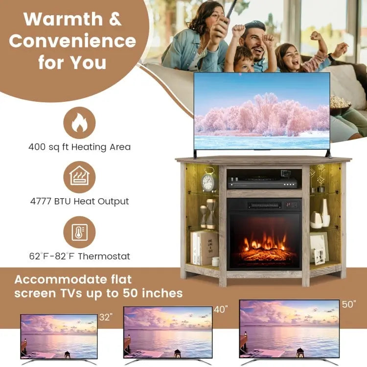 Meuble TV d'angle avec cheminée électrique, lumières LED et étagères en verre réglables - 45 x 22 x 30