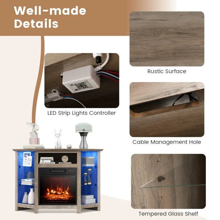 Meuble TV d'angle avec cheminée électrique, lumières LED et étagères en verre réglables - 45 x 22 x 30