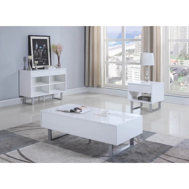 Table d'appoint rectangulaire à un tiroir blanc brillant