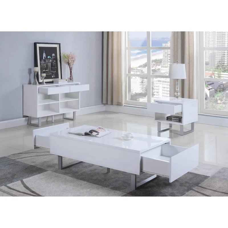 Table d'appoint rectangulaire à un tiroir blanc brillant
