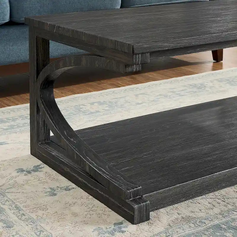 Table basse unique en bois massif avec étagère de rangement